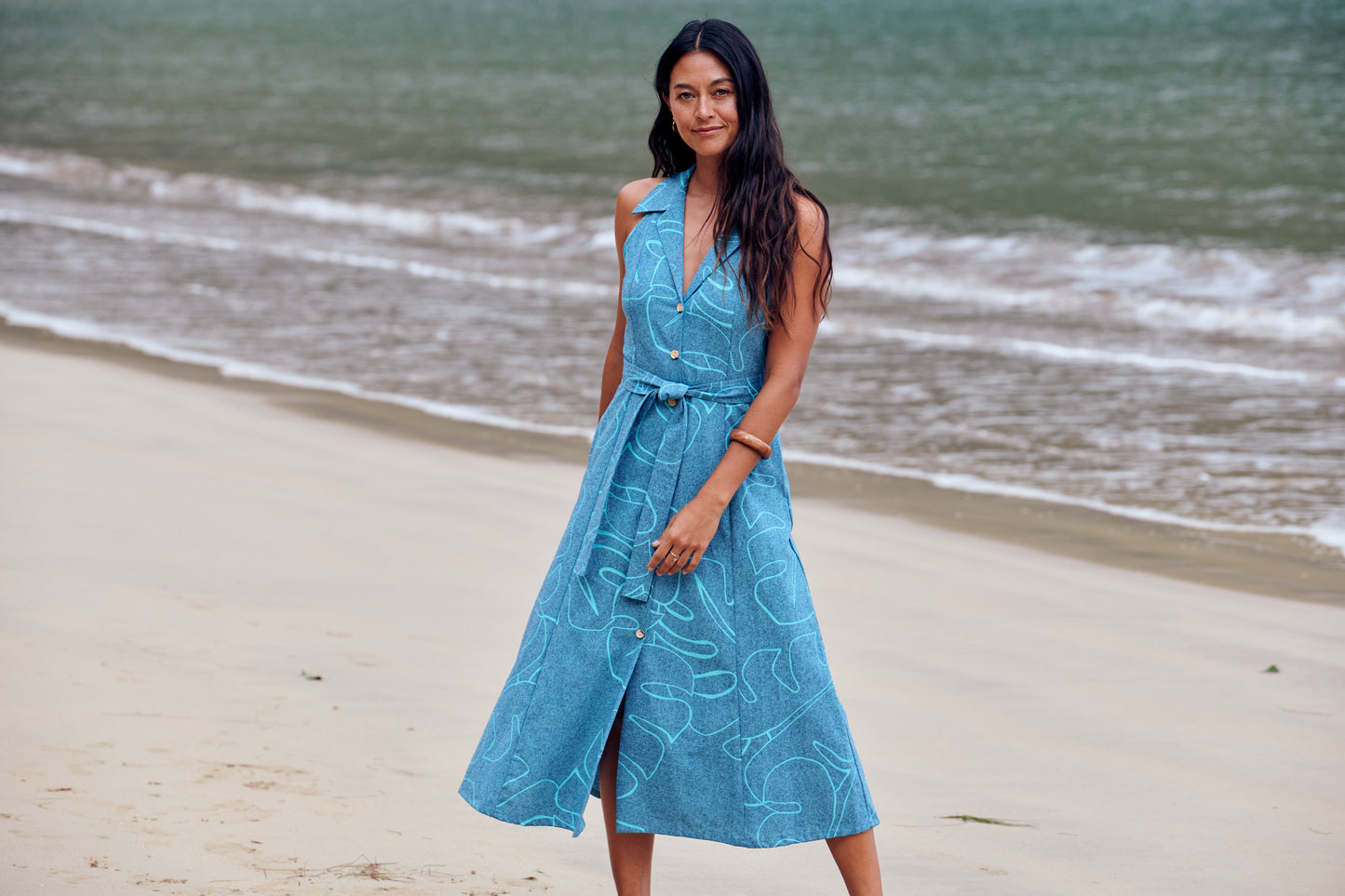 Abstract Monstera Linen Malibu - Maxi Dress