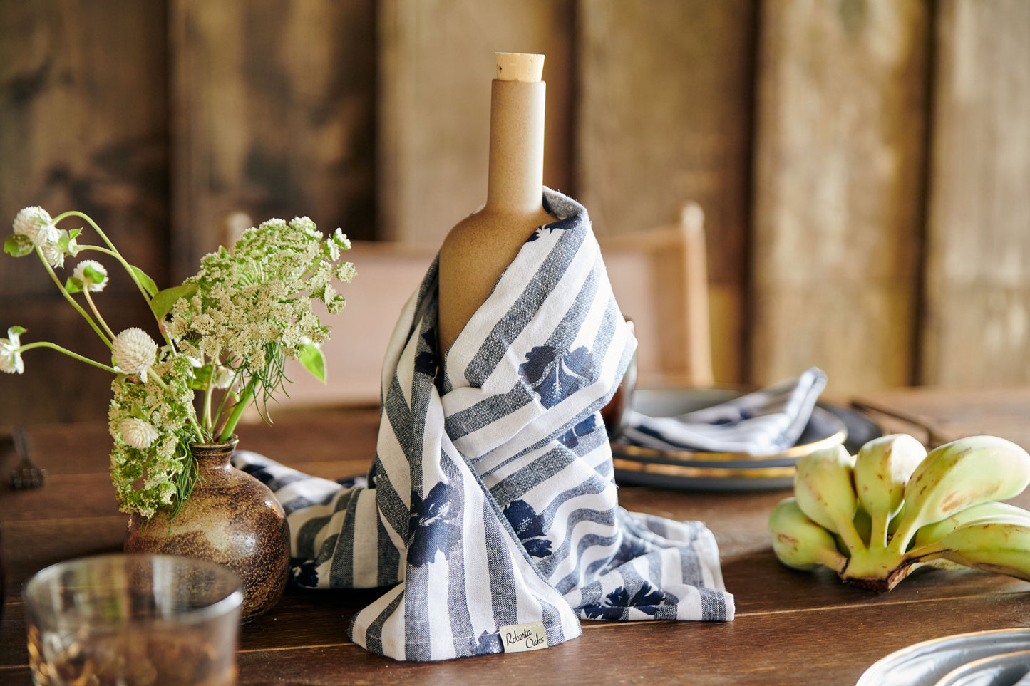 Princeville Hibiscus Tea Towel - Nautical Stripe