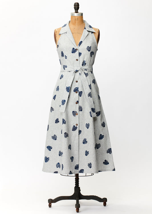 Indigo Linen Monstera - Maxi Dress