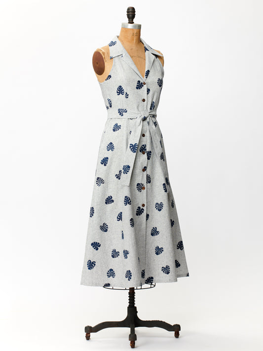 Indigo Linen Monstera - Maxi Dress