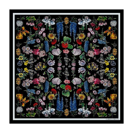 Botanical Black Silk Scarf - 17” x 17”