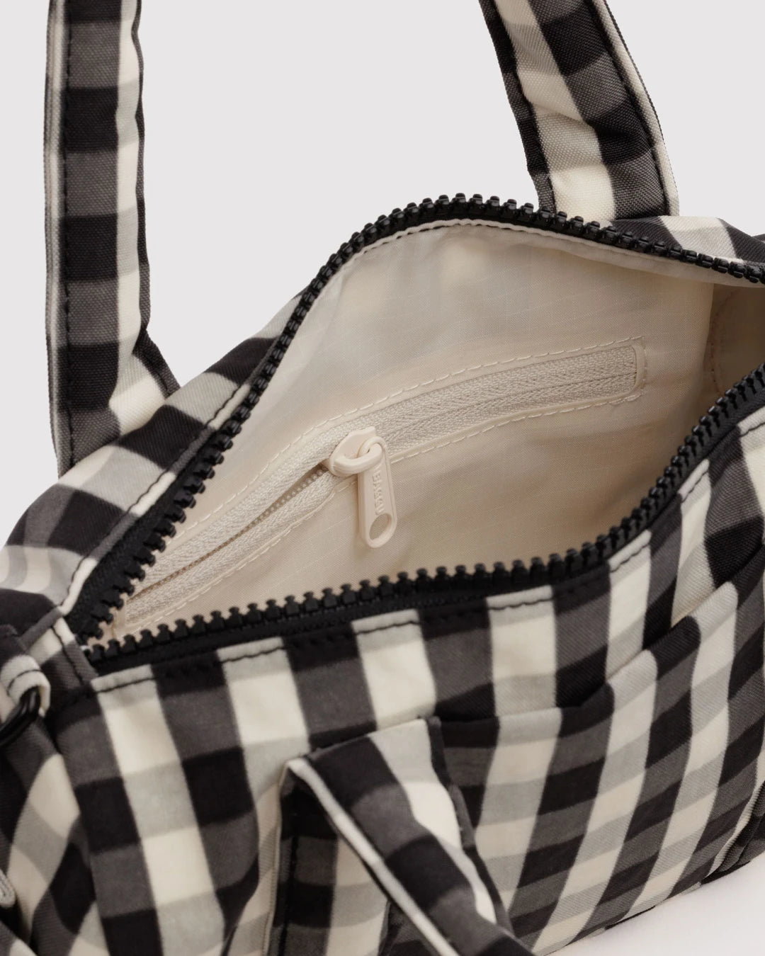 SMALL NYLON DUFFLE BAG - BLACK AND CREAM GINGHAM