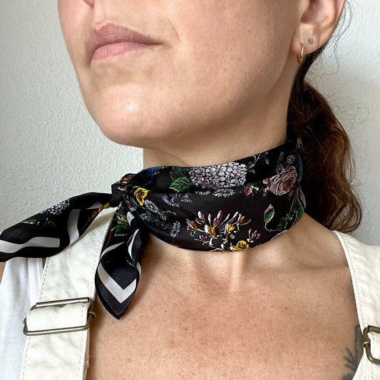 Botanical Black Silk Scarf - 17” x 17”