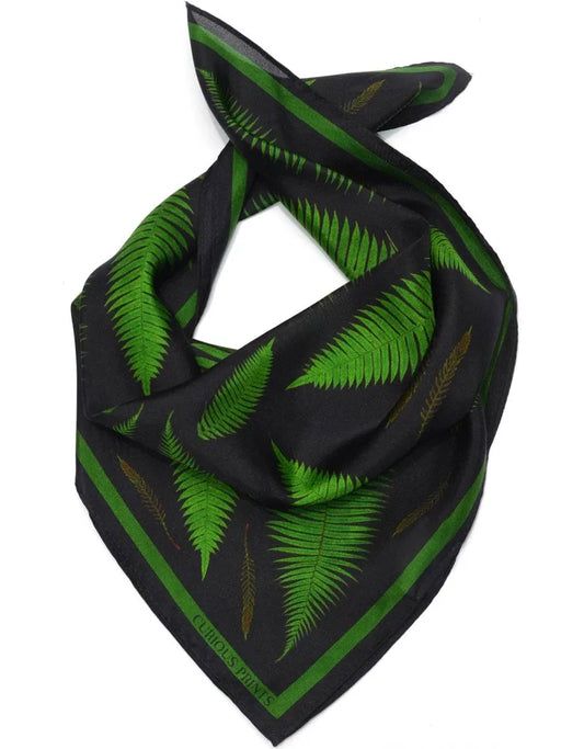 Fern Forest Black Silk Scarf - 17” x 17”