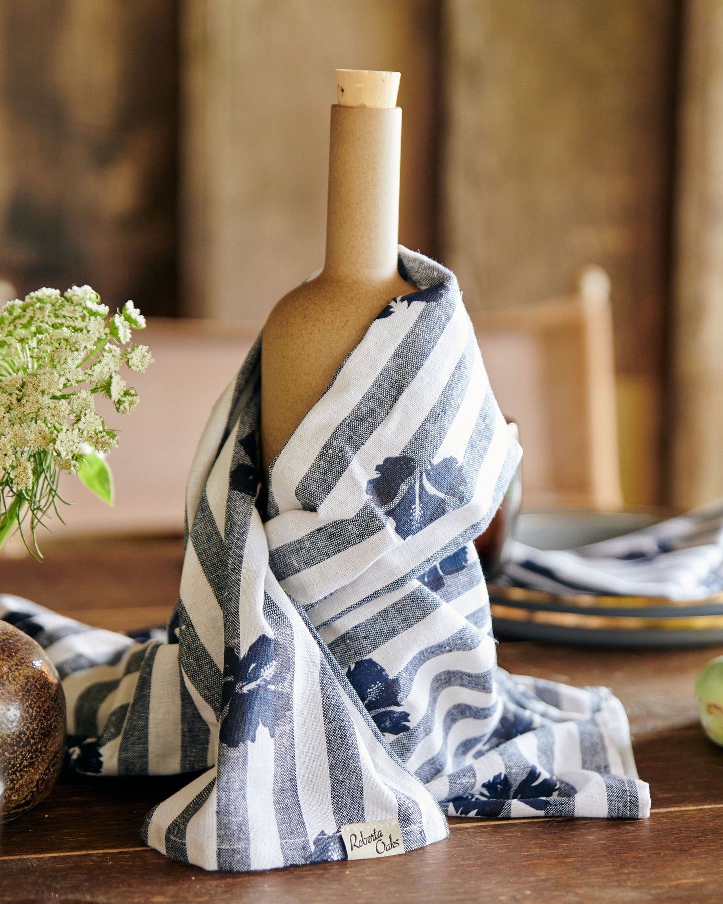 Princeville Hibiscus Tea Towel - Nautical Stripe