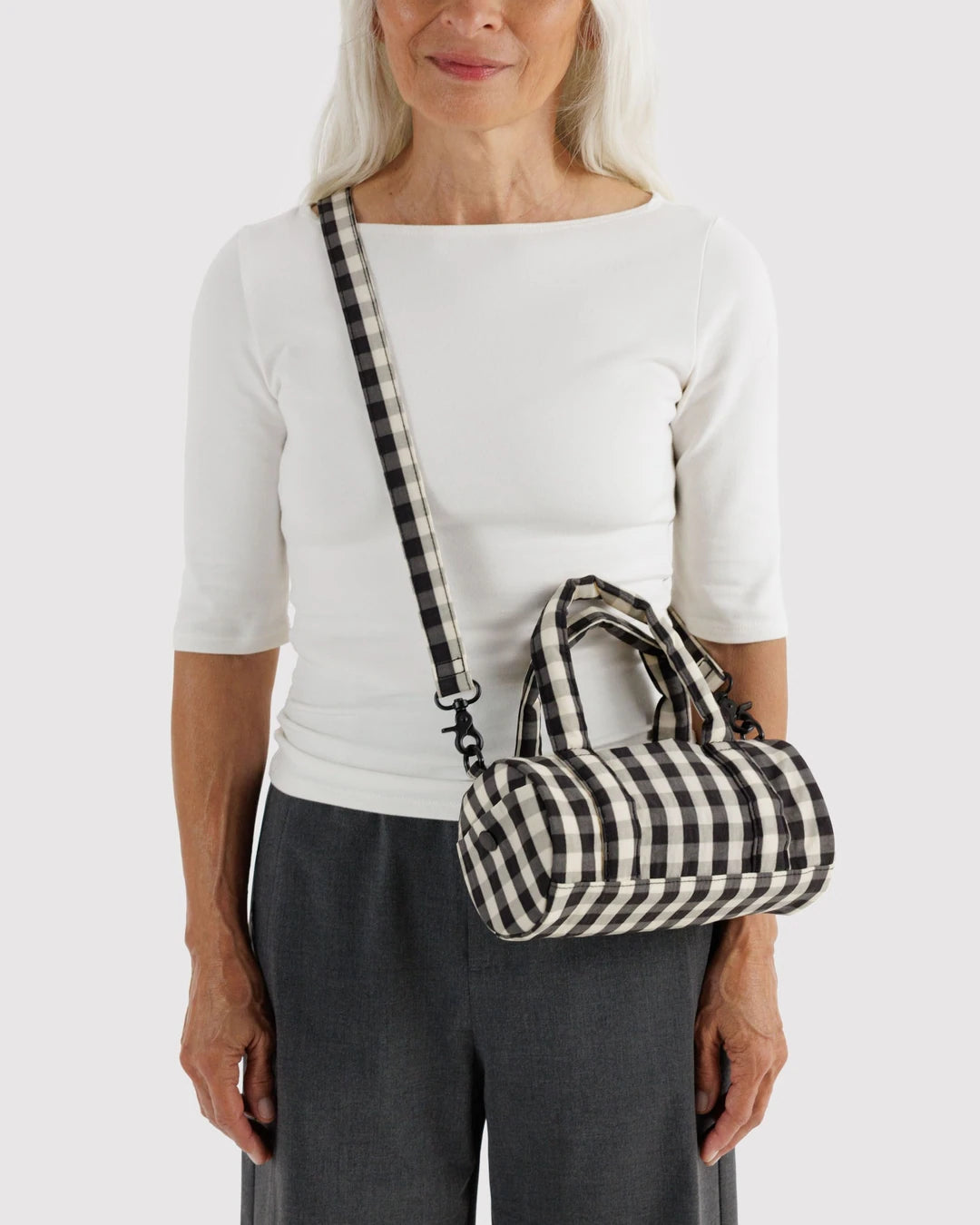 SMALL NYLON DUFFLE BAG - BLACK AND CREAM GINGHAM