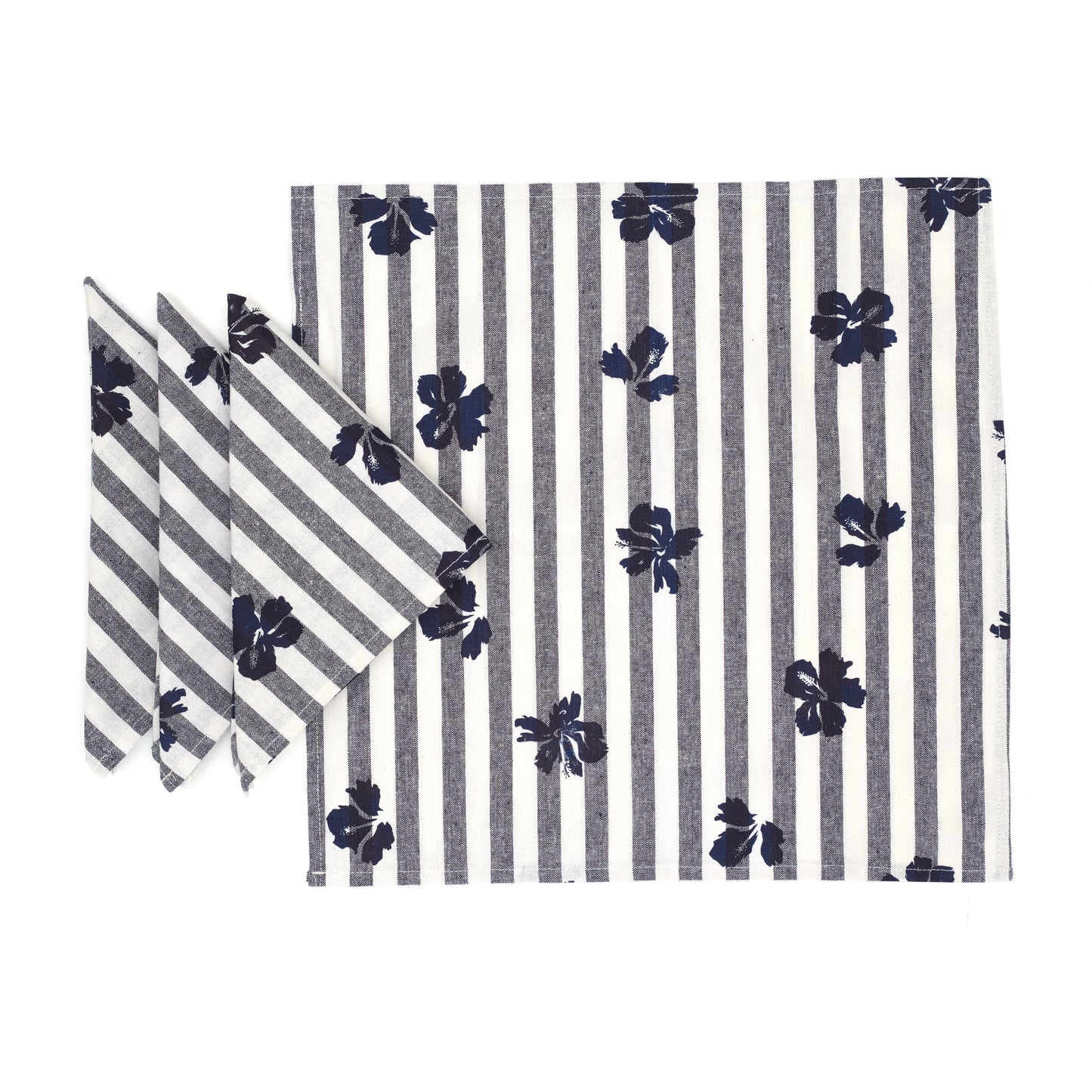 Princeville Hibiscus Linen Napkin Set - Nautical Stripe