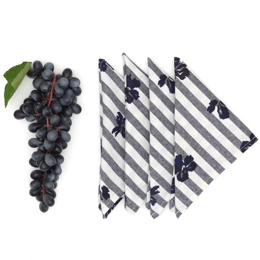 Princeville Hibiscus Linen Napkin Set - Nautical Stripe