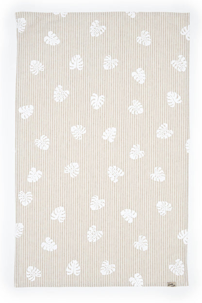Monstera Linen Tea Towel - Natural Stripe