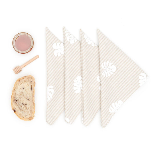 Monstera Linen Napkin Set - Natural Stripe