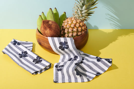 Princeville Hibiscus Linen Napkin Set - Nautical Stripe