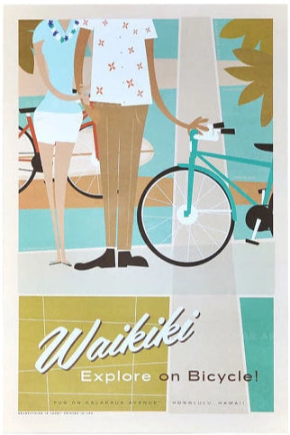 Waikiki on Bikes Travel Print by Nick Kuchar